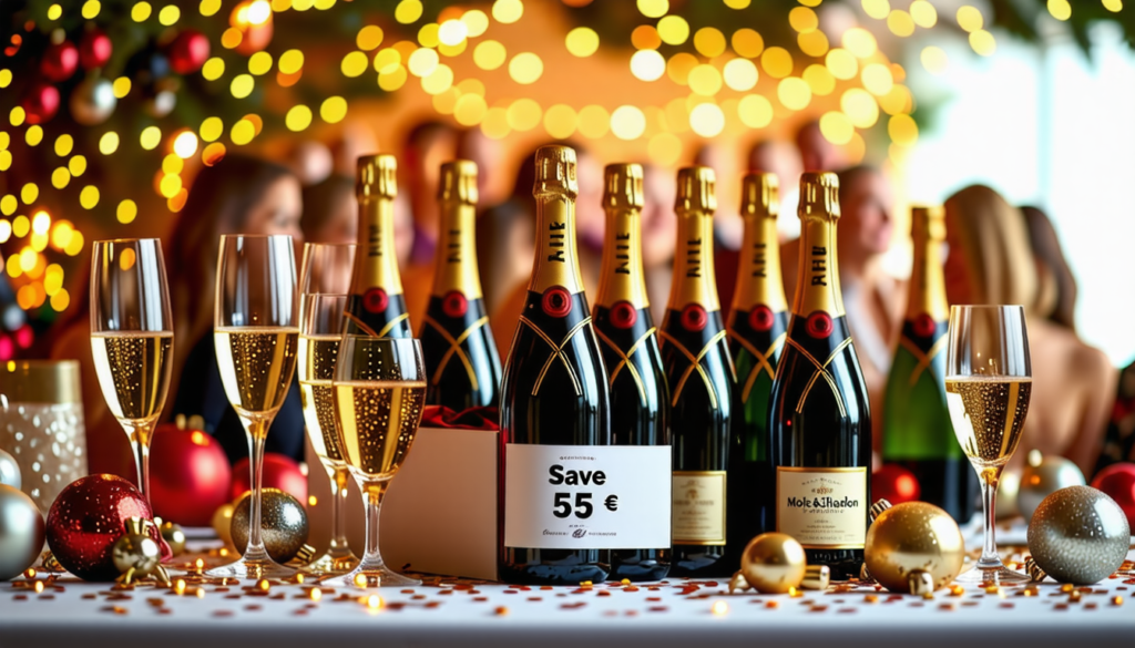profitez de nos célébrations de fin d'année avec une offre exceptionnelle : économisez 55 euros sur un prestigieux coffret de 6 bouteilles de champagne moët et chandon. ne manquez pas cette chance de sublimer vos fêtes avec ce symbole de luxe et d'élégance.