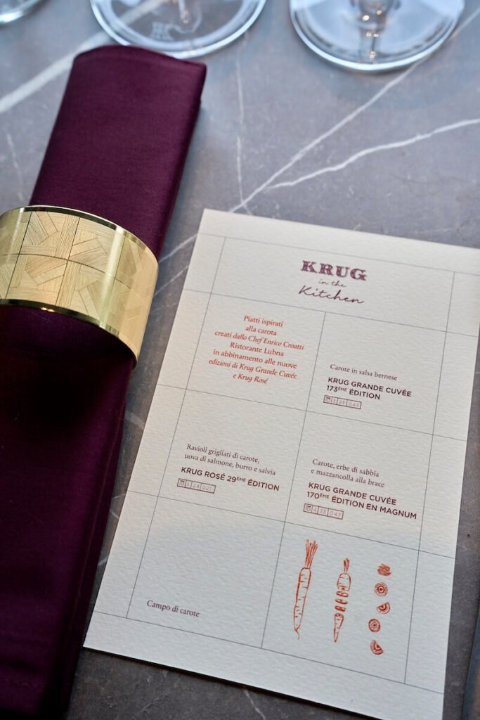 Krug dans la cuisine, hommage à la carotte: faire ses débuts en Italie pour la Grande Cuvée 173EME Édition et Rosé 29ème Édition